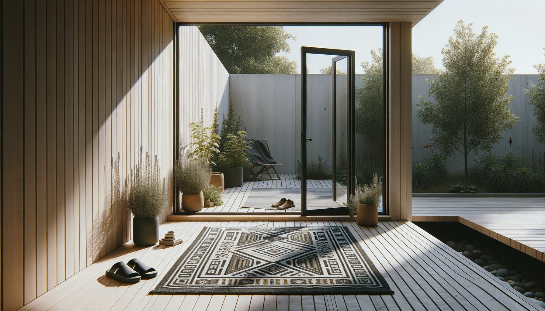 Slitstark altanmatta vid entrén till en altan med halkskydd