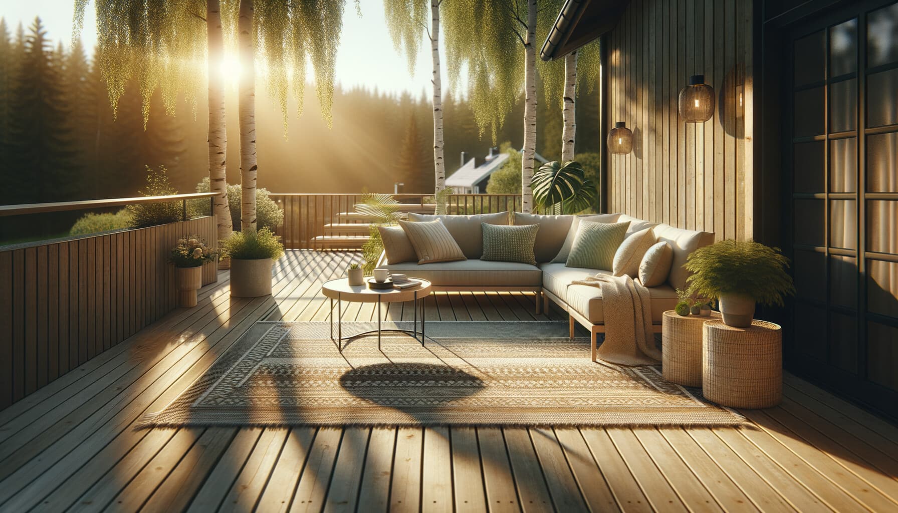 Vädertålig altanmatta på en skandinavisk altan med loungemöbler i sommarsol