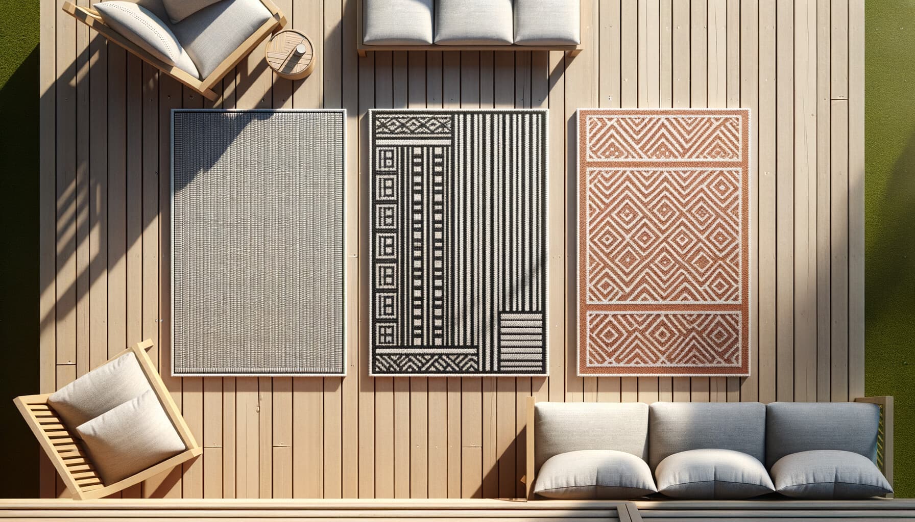 Tre olika altanmattor i polypropen, plast och syntet bredvid varandra för jämförelse