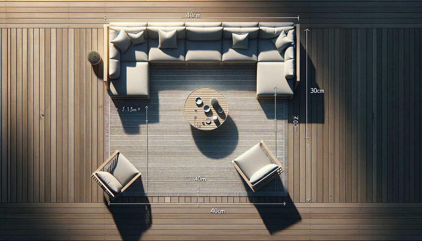 Korrekt placering av altanmatta under loungemöbler med soffans framben på mattan