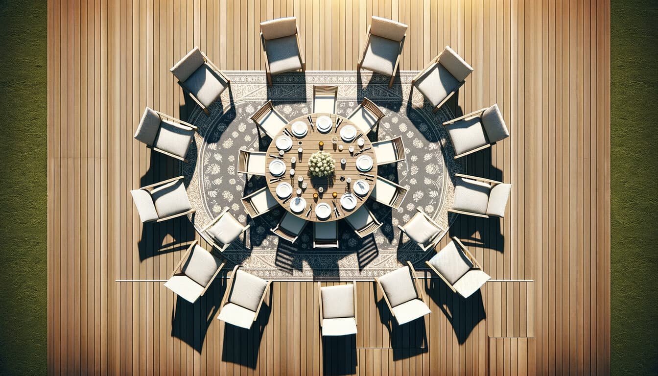 Rätt storlek på altanmatta för matplats – alla stolsben på mattan även utdragna