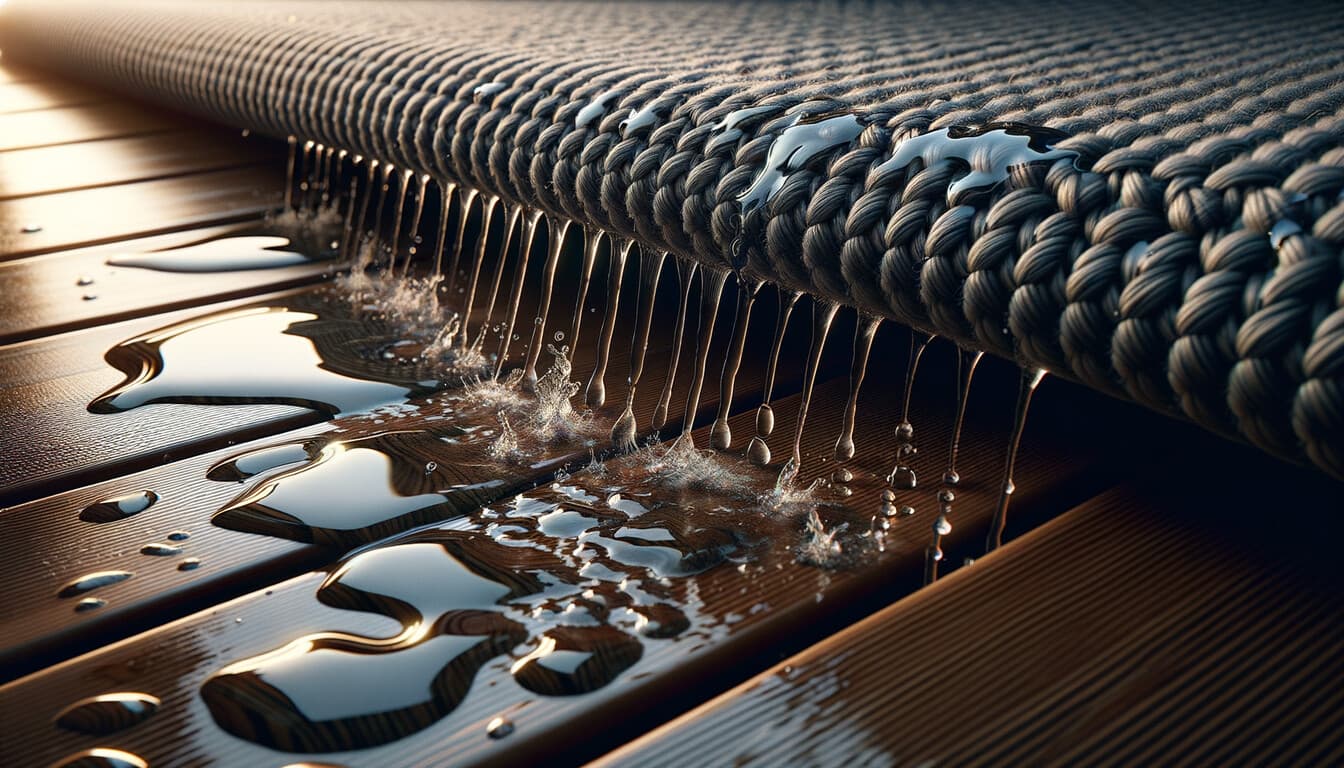 Altanmatta med dräneringshål på öppen altan – vatten rinner igenom