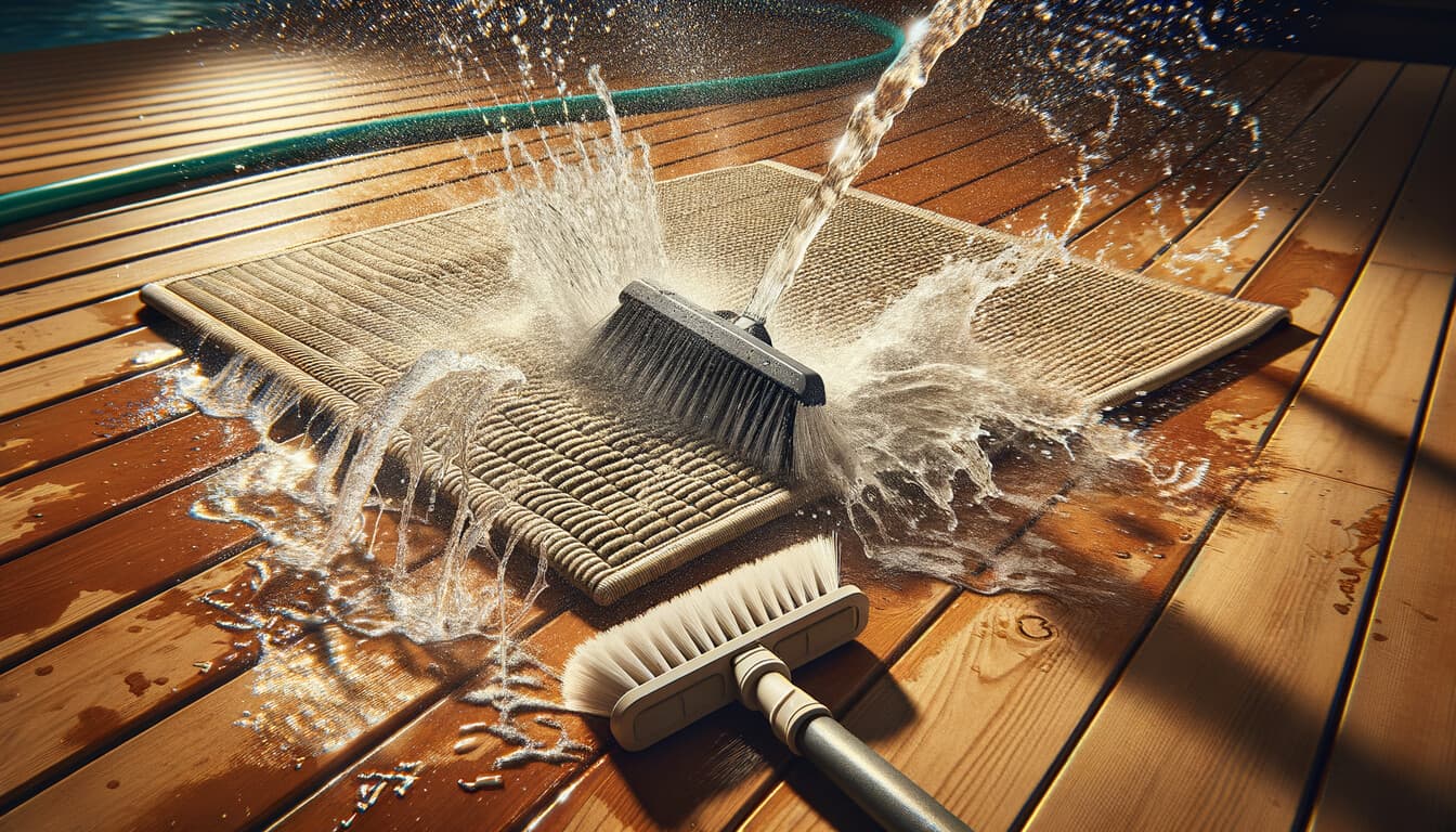 Rengöring av plastmatta för altan med vatten och borste