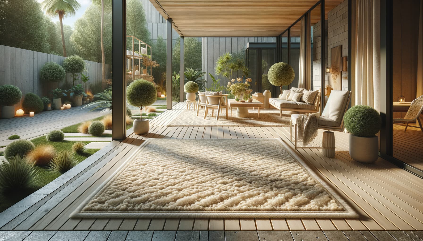 Mjuk syntetisk altanmatta med tät vävning i naturlig färg på en inglasad altan