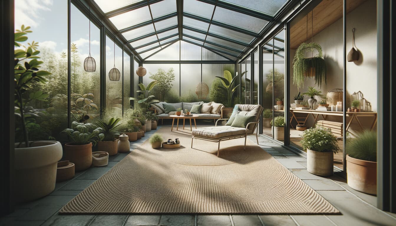 Syntetmatta på inglasad altan med loungemöbler och växter